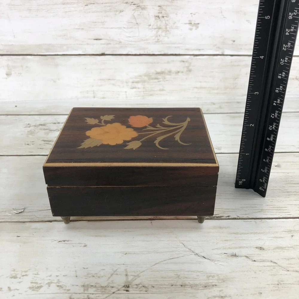 Vintage Mapsa Swiss Musical Movement Wood Jewelry Box Edelweiss Floral Inlay